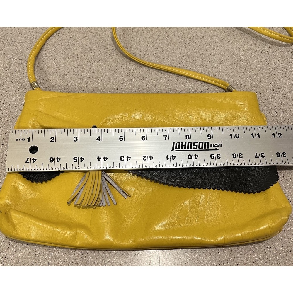 Vtg 80's Leather Shoulder Bag Clutch Hinged Yellow Black Tassel Party Club Retro - Picture 9 of 9